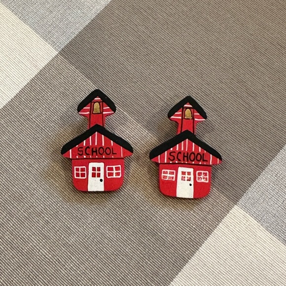 Vintage 90s Y2K Handmade Teacher Jewelry Set Schoolhouse Bus Necklace Earrings - Picture 9 of 13